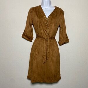 Faux Suede Brown Dress Womens PS Chain Lace Up Belted 3/4 Roll Tab Sleeve Boho